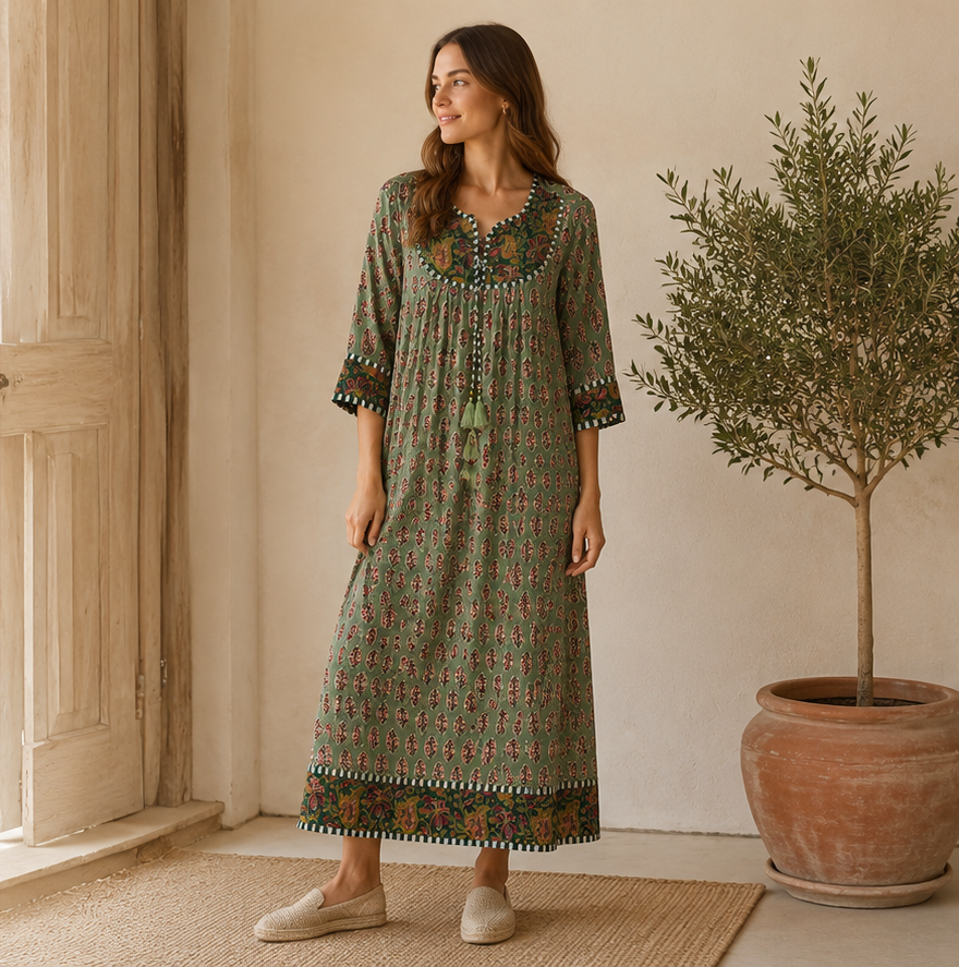 Vestido Verde Estampado Canesú